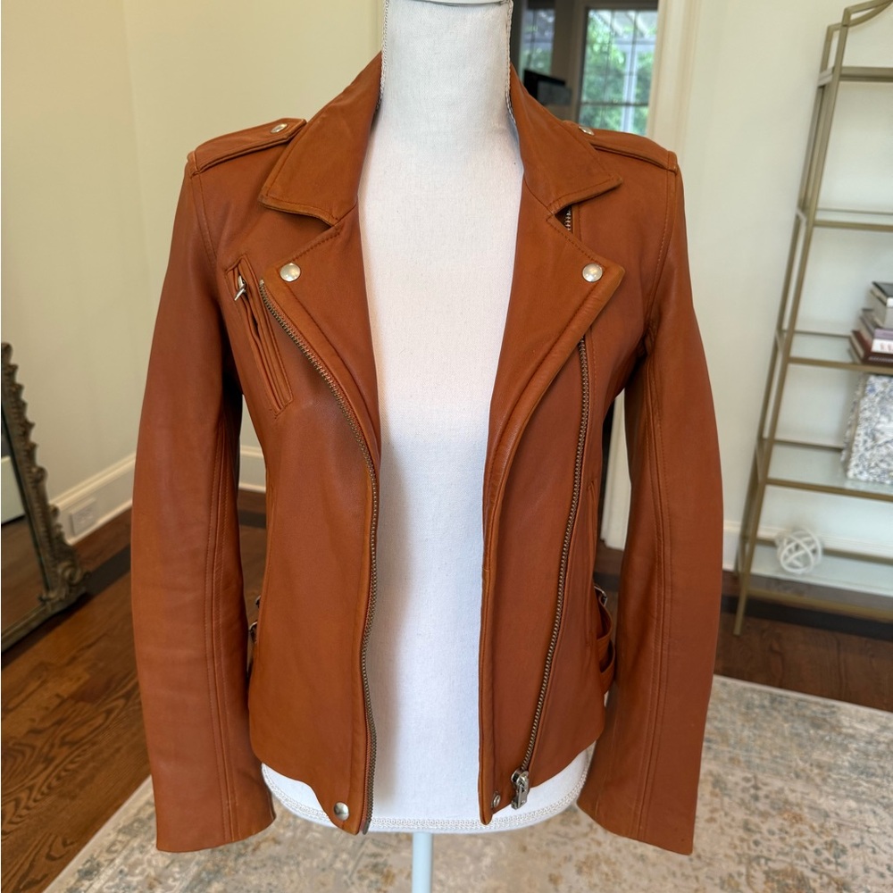 IRO Tan Leather Moto Jacket Asymmetrical Zipper